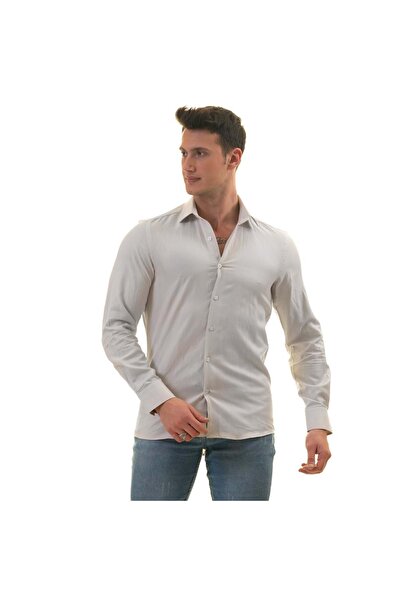 Exve Exclusive Сіра проста сорочка з принтом 100% бавовна, облягаючий крій, довгі рукави, чоловіча сорочка