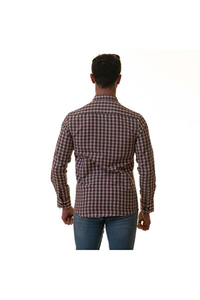 Exve Exclusive Navy Blue Red White Plaid Checked Slim Fit Long Sleeve Men's Shirt