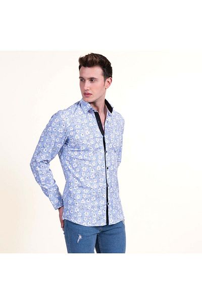 Exve Exclusive Cămașă albastră slim fit cu imprimeu floral