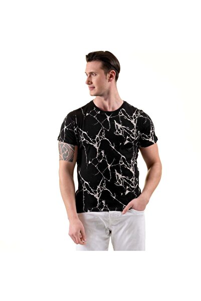 Exve Exclusive Μαύρο και άσπρο δίκτυο με στάμπα με λαιμόκοψη Basic T-shirt Ανδρικό T-shirt με κανονική εφαρμογή
