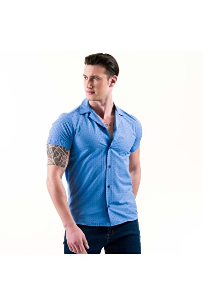 Exve Exclusive Синя сорочка з коротким рукавом і коміром-апаш з геометричним принтом темно-синього кольору