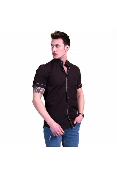Exve Exclusive Καφέ Judge Collar Φυσικό Λινό Πουκάμισο - Λεπτομέρεια Piping, Κοντό μανίκι