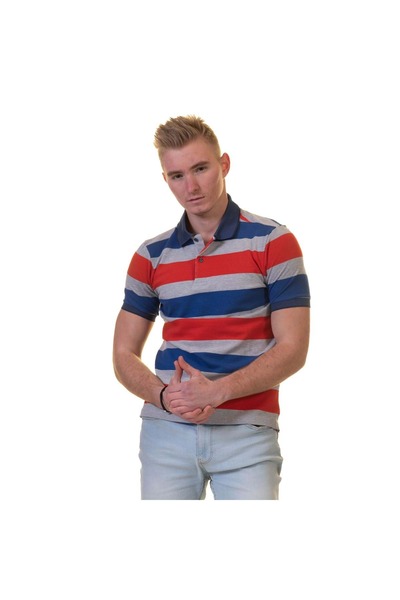 Exve Exclusive Tricou cu dungi gri-roșu-albastru marin cu gât polo