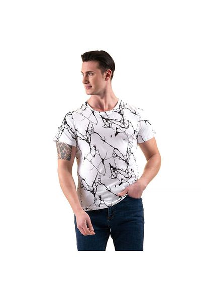 Exve Exclusive Tricou de bază cu gât roșu cu design imprimat negru pe tricou alb pentru bărbați cu ajustare normală