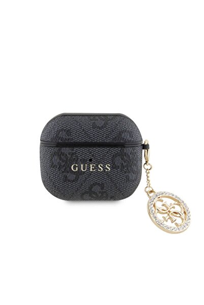 Guess Airpods 3. Nesil Uyumlu Kılıf Guess  Lisanslı 4G Desenli Taşlı 4G Süs Zincirli Siyah