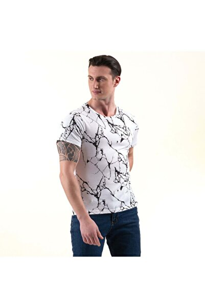 Exve Exclusive Tricou de bază cu gât roșu cu design imprimat negru pe tricou alb pentru bărbați cu ajustare normală