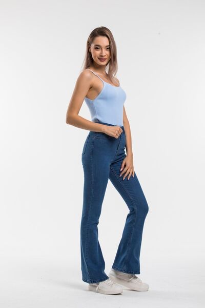 mooishan Сині іспанські джинси з високою талією та еластичною стрічкою, іспан...