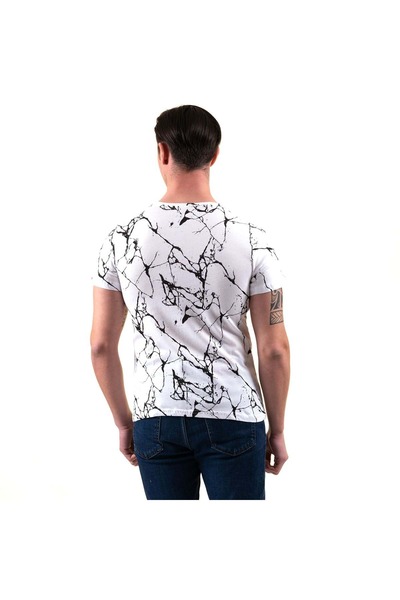 Exve Exclusive Tricou de bază cu gât roșu cu design imprimat negru pe tricou alb pentru bărbați cu ajustare normală