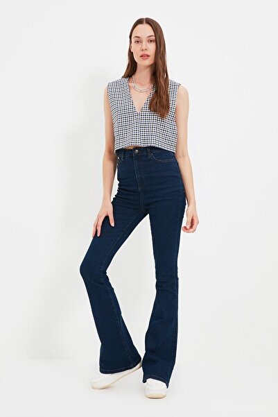 mooishan Σκούρο μπλε ψηλόμεσο γυναικείο τζιν παντελόνι με φαρδιά μπατζάκια - ...