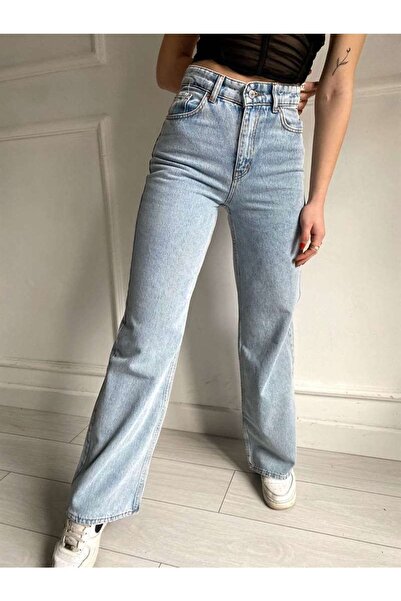 mooishan جينز نسائي أزرق عالي الخصر فضفاض وواسع الساق ومغسول بالثلج، جينز نسا...