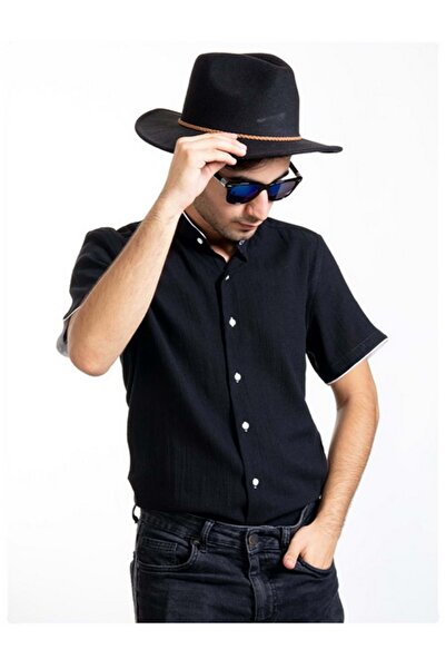 Exve Exclusive Льняна сорочка з високим коміром, чорна, короткий рукав