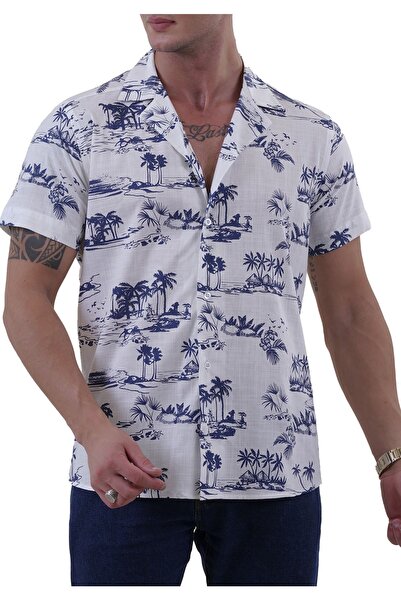 Exve Exclusive قميص صيفي قصير مريح مطبوع عليه شجرة النخيل باللون الأزرق الداك...