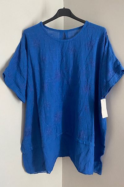 AYASOFYA OTANTIK Tunica supradimensionata pentru dama cu broderie albastra - 100% bumbac, marime mare
