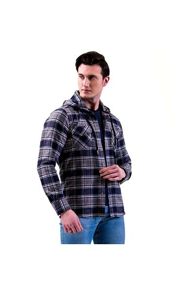 Exve Exclusive Тъмносиня, сива, бяла, карирана вълнена риза Lumberjack Western с двоен джоб и качулка