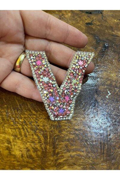 Gönülden Tasarım 7x6 cm roza slovo V Sa kamenčićima lepljiva zakrpa za peglanje