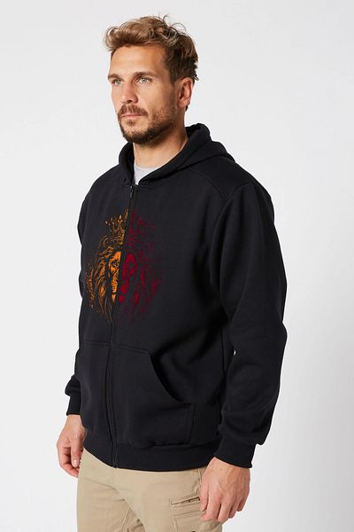 OFFSIDESIGN Lion Printed Unisex Μαύρη Ζακέτα - Φούτερ με φερμουάρ με κουκούλα, κίτρινο κόκκινο
