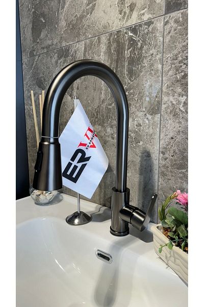 Ervu Yapı Anthracite Spiral Kitchen Sink Faucet (Hot Cold Inlet, Brass Material) 5 Years Warranty