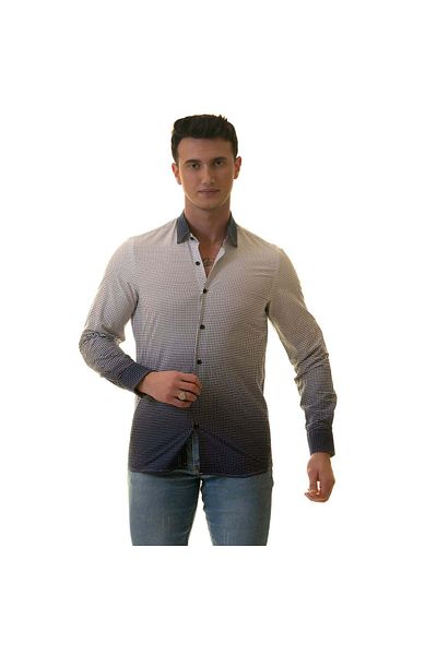 Exve Exclusive Λευκό Navy Blue Gradient Effect Πουά με στάμπα από χαρτόνι σε κουτί Slim Fit μακρυμάνικο ανδρικό πουκάμισο