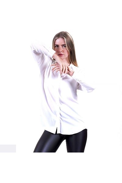 Exve Exclusive White Plain Single Color Breathable Woven Women's Viscose Long Shirt Tunic