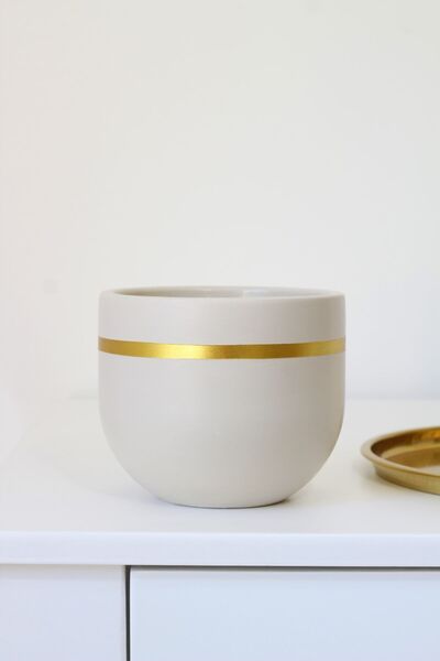 LOREMY Dekoratif Beton Saksı Gold Çizgili Ekru Renk (14 Cm)