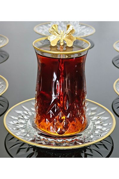 atabey home collection طقم شاي أودين 18 قطعة - نمط الفراشة، طبق زجاجي وتفاصيل ذهبية