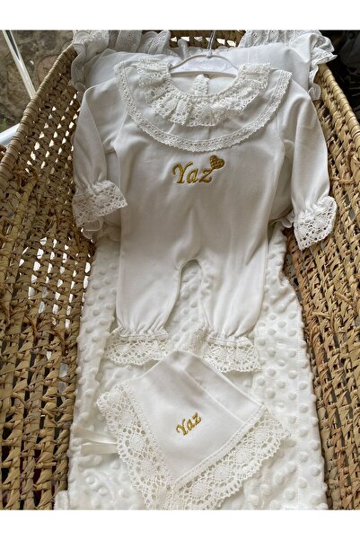 VolleM İsimli Yenidoğan Hastane Çıkışı Nakışlı Dantelli Bonet Tulum 2'li