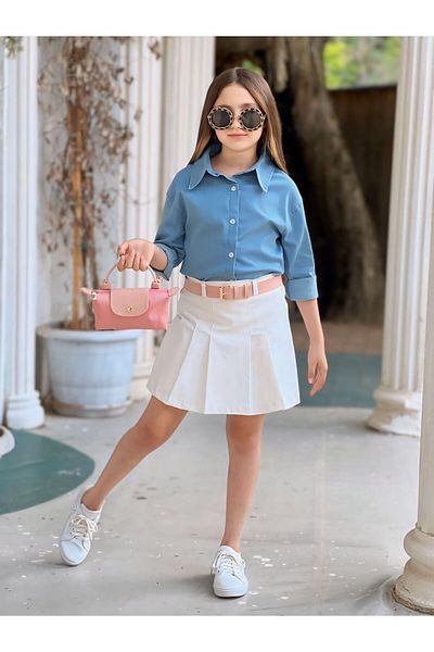 STAR GOGO KİDS Girl's 4 Piece Shorts Skirt, Denim Shirt, Belt and Bag Combination