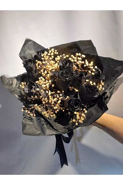 BOUQUET ATELİER Αιώνια αγάπη 9 τεμαχίων τεχνητό μαύρο τριαντάφυλλο και μπουκέτο μαύρης συσκευασίας