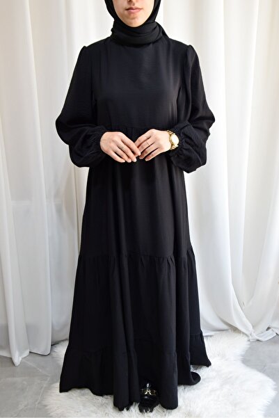 afife Model Atiye Keten Aerobin Kolları Lastikli Kat Kat Tesettür Elbise - Si...