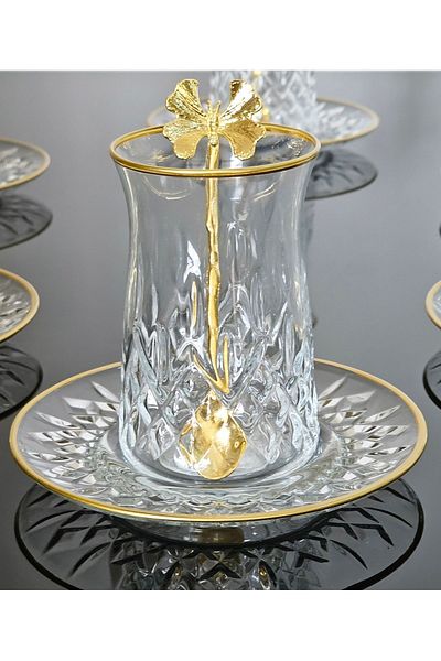 atabey home collection طقم شاي أودين 18 قطعة - نمط الفراشة، طبق زجاجي وتفاصيل ذهبية