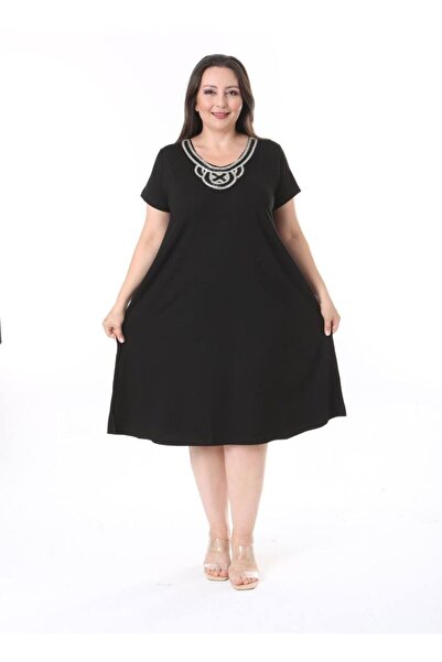 Rosidam Μαύρο ελαστικό φόρεμα υψηλής ποιότητας με πέτρινη λεπτομέρεια στο γιακά