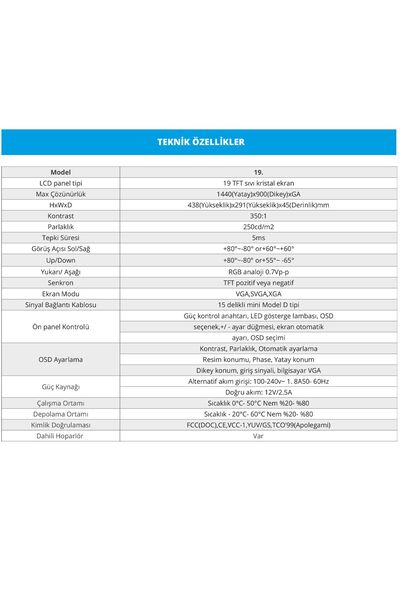 Genel Markalar HD190S 19" Geniş Ekran 75 Hz 5ms (VGA,HDMI,SES) Dahili Hoparlör Led Monitör