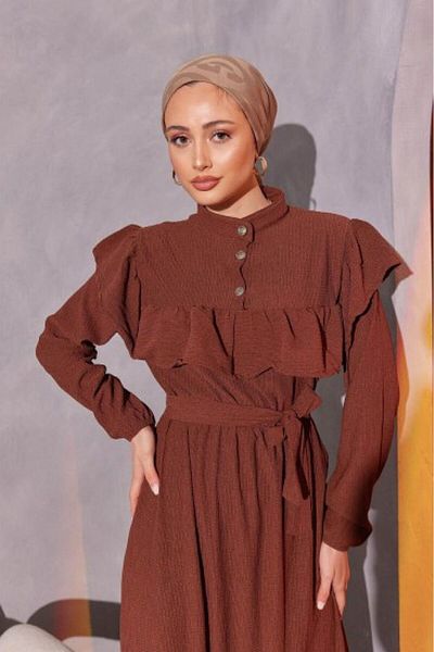 HİFADEN Μακρύ γυναικείο φόρεμα Hijab με βολάν και κουμπιά με ζώνη