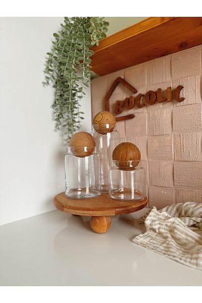 BUCOLIC 3-Piece Round Wooden Ball and Glass Jar Set - With Stand