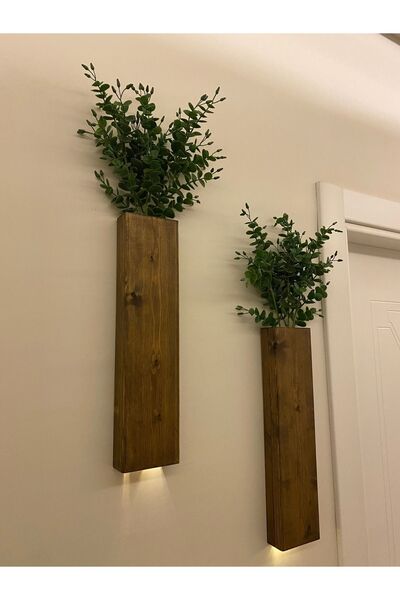 ViraHome 2 Li Ledli Ahşap Çiçeklik Dekoratif Aydınlatma Yapay Çiçek Balkon Dekoru Otel Rustik Pil Hariç 40cm