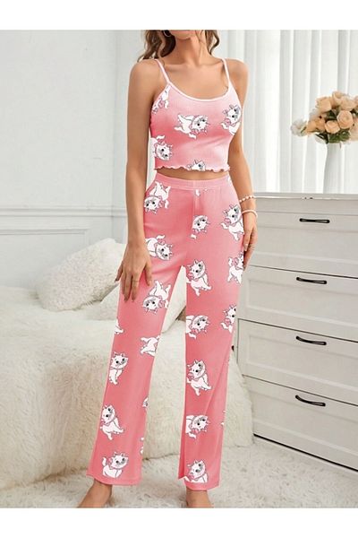 Cesur Women's Strap Long Pajama Set PinkCatBig1
