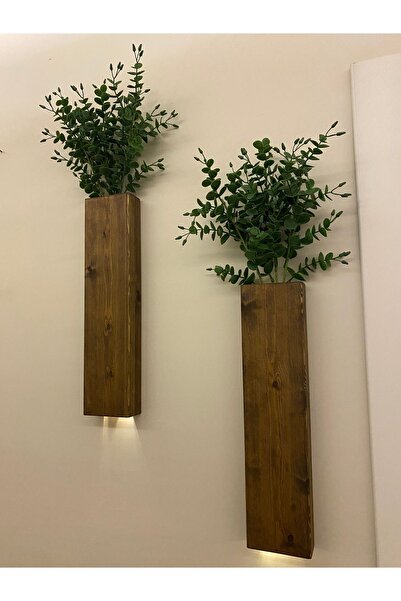 ViraHome 2 Li Ledli Ahşap Çiçeklik Dekoratif Aydınlatma Yapay Çiçek Balkon Dekoru Otel Rustik Pil Hariç 40cm