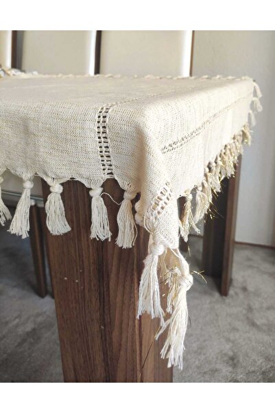 denizli hatırası Față de masă cu ciucuri cu sclipici galben crem - Pânză Buldan