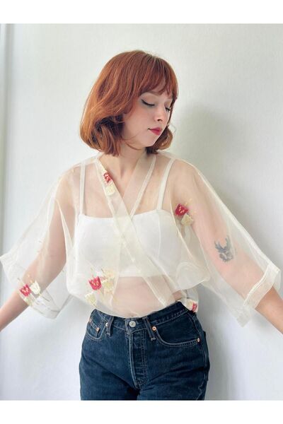 Retrobird Tasarım Organze Mini Kimono Kadın Ekru