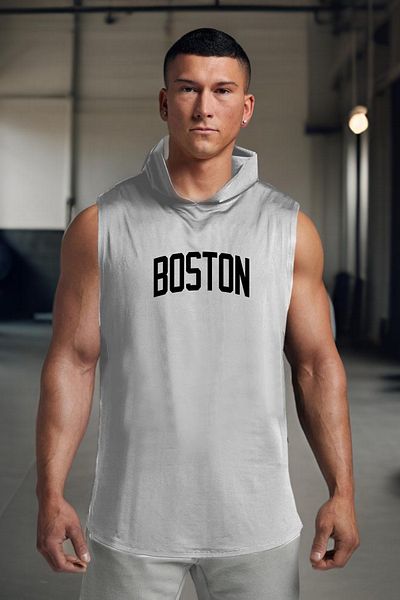 BESSA Boston Printed Gray Men's Athlete - Oversize Crew Neck, Cotton Hooded, Sleeveless Athlete T-Shirt