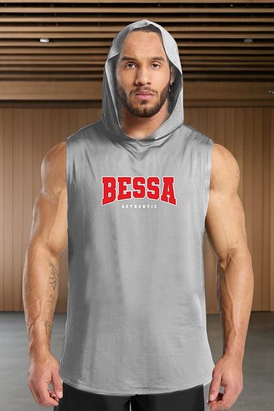 BESSA Gray Oversize Crew Neck Bessa Printed Men's Sports Undershirt - Hooded, Sleeveless