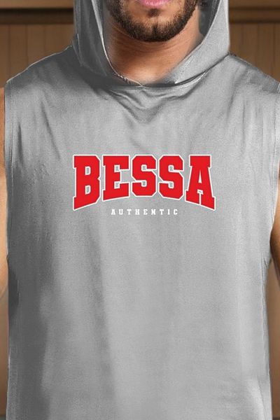BESSA Gray Oversize Crew Neck Bessa Printed Men's Sports Undershirt - Hooded, Sleeveless