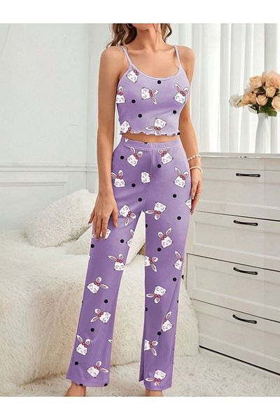 Cesur Women's Strap Long Pajama Set PurpleRabbit1