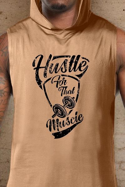BESSA Men's Oversize Hustle Printed Crew Neck Cotton Hooded Sleeveless Tank Top - T-Shirt