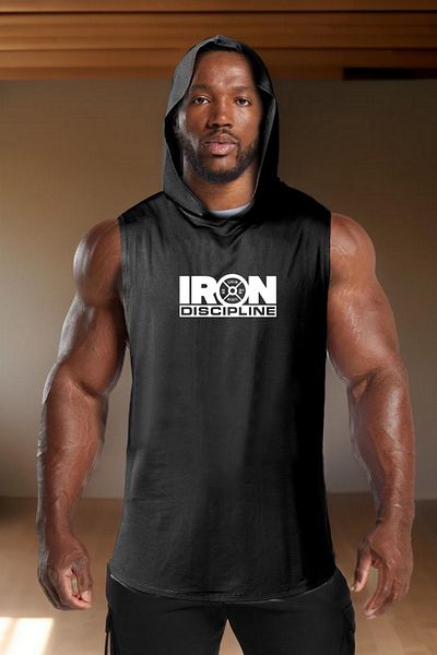 BESSA Men's Oversize Iron Printed Black Cotton Hooded Sports Undershirt - Crew Neck