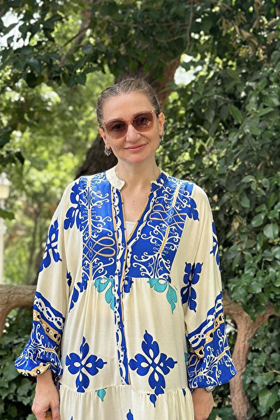 AYASOFYA OTANTIK Model etnic albastru - Rochie de damă cu mânecă lungă cu detaliu nasturi