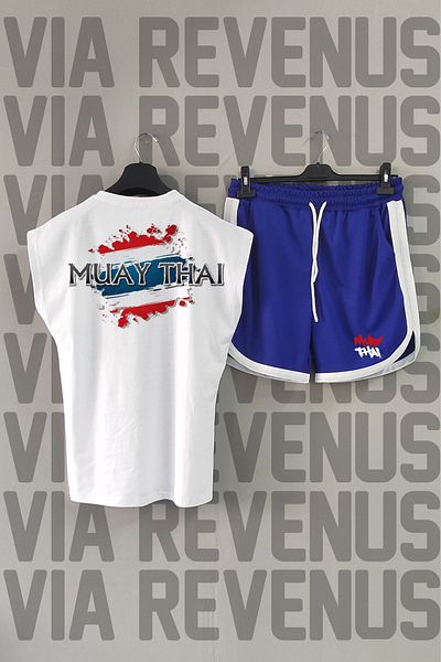 Vordevia White Muay Thai Sports T-shirt - Back Print, Zero Sleeve, Blue Shorts Set