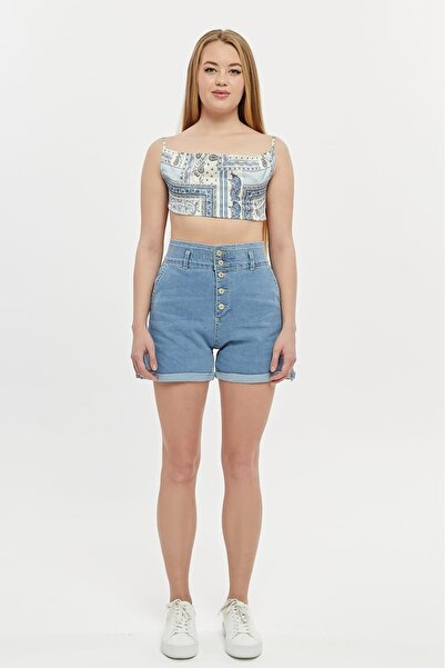 Vovikon Pantaloni scurți din denim pentru femei - picior dublu, 5 nasturi