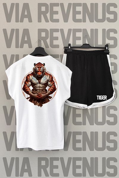 Vordevia Tiger Tiger Print Λευκό αθλητικό μπλουζάκι και μαύρο σορτς - μηδενικό μανίκι