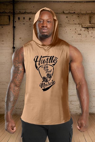 BESSA Men's Oversize Hustle Printed Crew Neck Cotton Hooded Sleeveless Tank Top - T-Shirt